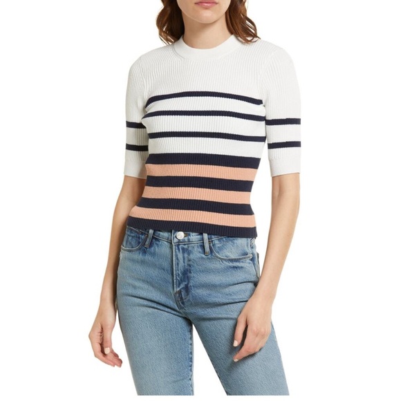 Frame Ribbed Short Sleeve Striped Pullover Sweater in Pink Clay Multi Size XS - Picture 5 of 12